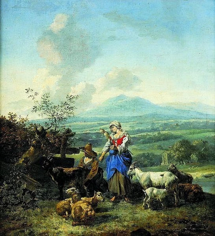 Una coppia di pastori e il loro gregge in un paesaggio